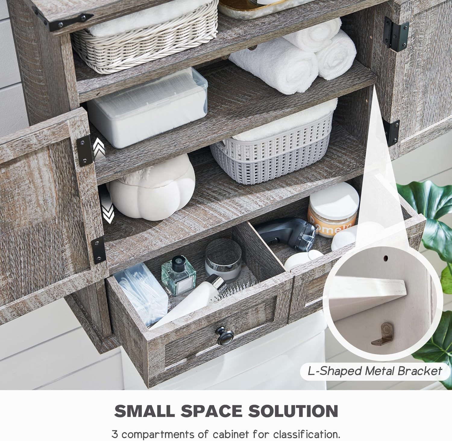 Bathroom Wall Cabinet, Farmhouse Medicine Cabinet, 24" Wide Cabinet with Drawer, Adjustable Shelf, Double Barn Doors, Storage Cabinet for Bathroom, Kitchen, Living Room, Grey Wash