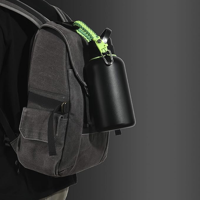 2.0 Paracord Handle for Hydroflask 2.0 Wide & Standard Mouth Water Bottles Carrier with New Ring & Carabiner 12oz - 64oz (32 oz-40 oz Wide Mouth, Glow Green Compass)