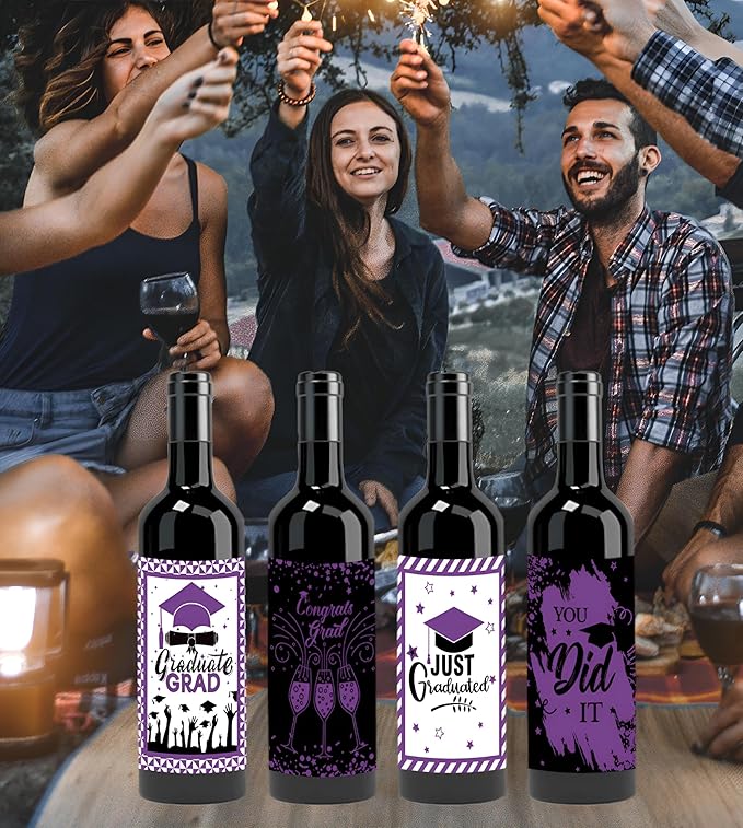 24Pcs Graduation Gift Wine Labels Congrats Grad Wine Bottle Stickers Graduation Party Waterproof Wine Bottle Decoration Cover for College Congrats Graduation Party Decorations, 4 Design