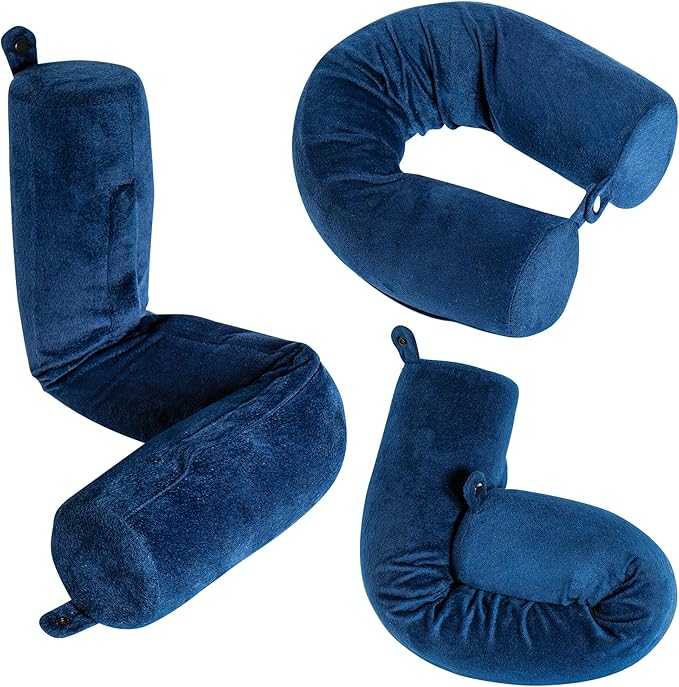 Dot&Dot Twist Memory Foam Travel Pillow for Airplanes - Travel Neck Pillow for Sleeping - Airplane Pillow for Neck Support, Chin, Lumbar and Leg - Adjustable, Bendable Neck Roll Pillow (Dark Blue)