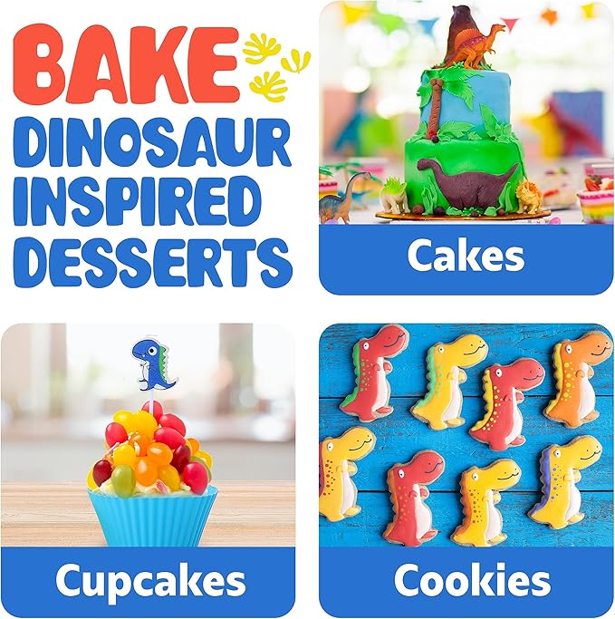 Osmi Complete Kids Baking Set - 14pc Dinosaur Chef Baking Kit - Premium Kid Cooking Gift Set w/ Real Utensils for Boys and Girls 4-12 - Bake Cookies, Cakes, and Cupcakes (Dino Theme)