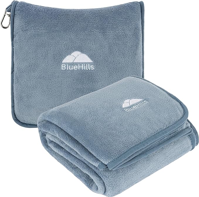 BlueHills Premium Soft Long Travel Blanket Pillow for Tall Airplane Flight Essentials Large Compact 2 in 1 Airline Blanket Throw Packable Warm Plane Traveling Accessories Grayish Blue T056