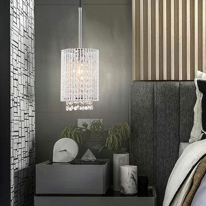 Mini Crystal Pendant Lighting 1 Light Modern Hanging Light Fixtures Small Cylinder Chrome Chandelier for Kitchen Island Dining Room