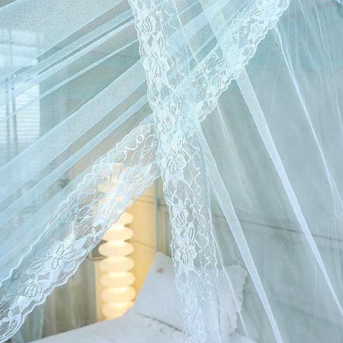 Bed Canopy, Princess Bed Curtain Net for Girls & Adults，Three-Doors Rectangle Lace Dome Netting (Green, Queen)