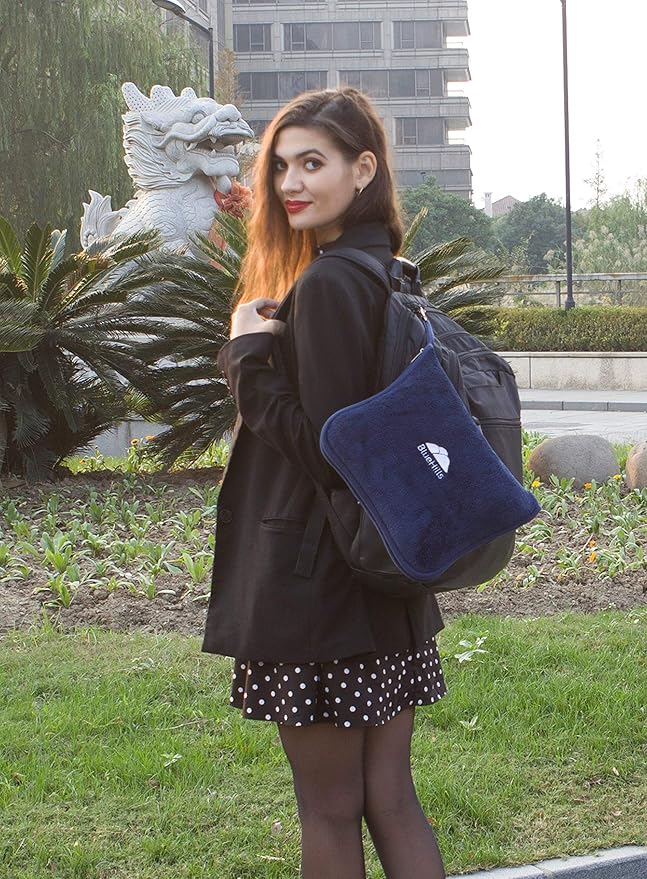 BlueHills Premium Soft Travel Blanket Pillow Airplane Blanket Packed in Soft Bag Pillowcase with Hand Luggage Belt and Backpack Clip, Compact Pack Large Blanket for Any Travel (Navy Blue T002)