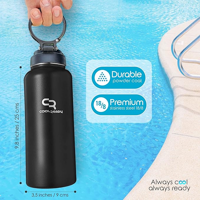 40oz Stainless Metal Black Water Bottle with Straw - Handle Lid, Thermos Coffee Travel Lid and Chug Lid - Double Walled Steel Sports Bottle - Work Out Bottle – Leak Proof -