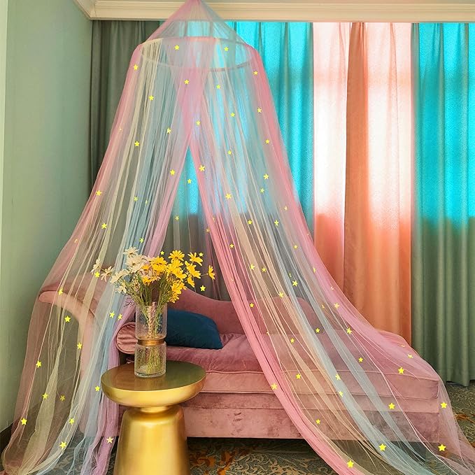 Eimilaly Princess Rainbow Bed Canopy with Stars Glow in The Dark, Bed Canopy for Girls Room Decor or Unicorn Theme Party