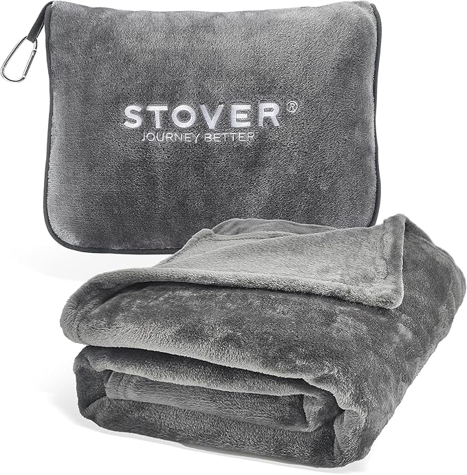 STOVER 2-in-1 Combo Airplane Travel Blanket & Pillow Bag- Lightweight, Compact, Packable, Warm Premium Fleece Set for Long Flights- w/Luggage Sleeve & Backpack Clip- for Men, Women & Families (Grey)