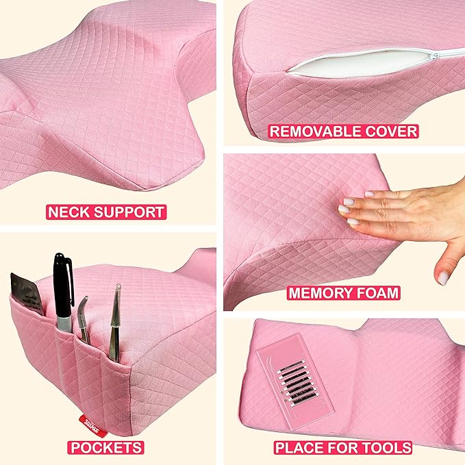 Pillow for Eyelash Extensions - Curved Memory Foam Lash Bed Pillow with Neck and Back Support, Perfect Pillow for Eyelash Extensions, Two Pockets for Tools On The Sides of Pillow (Pink)