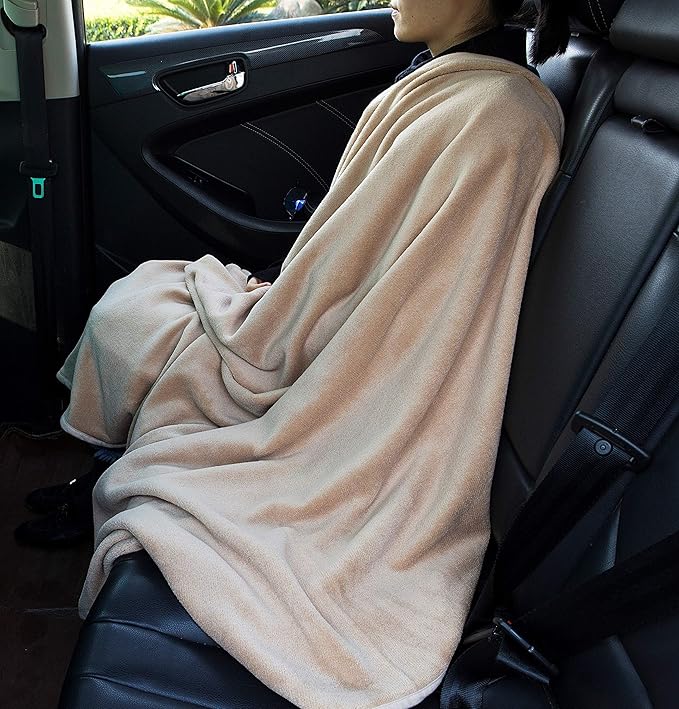 BlueHills Premium Soft Travel Blanket Pillow Airplane Blanket Packed in Soft Bag Pillowcase with Hand Luggage Belt and Backpack Clip, Compact Pack Large Blanket for Any Travel (Beige T005)