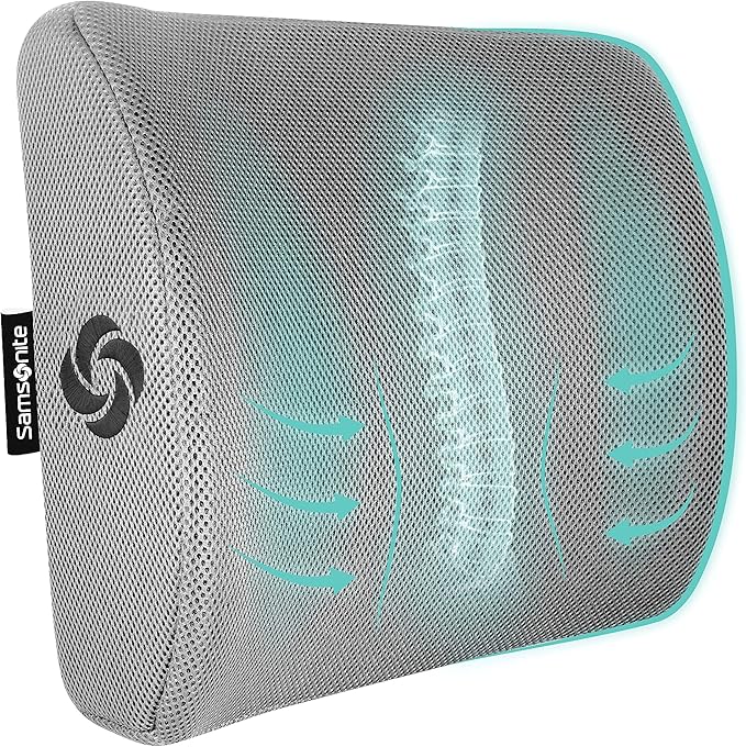 Samsonite SA5244 Ergonomic Lumbar Support Pillow Helps Relieve Lower Back Pain 100% Pure Memory Foam Improves Posture Fits Most Seats Breathable Mesh Washable Cover Adjustable Strap